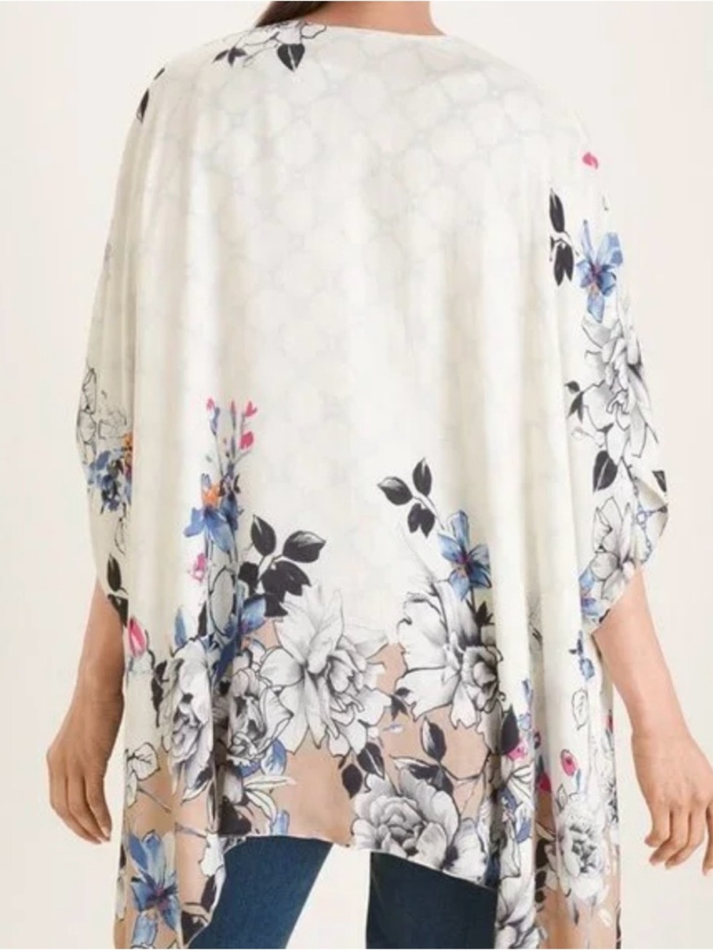 CHICOS Reversible Kimono Poncho Geometric Tile Floral L/XL Coverup Boho Coastal